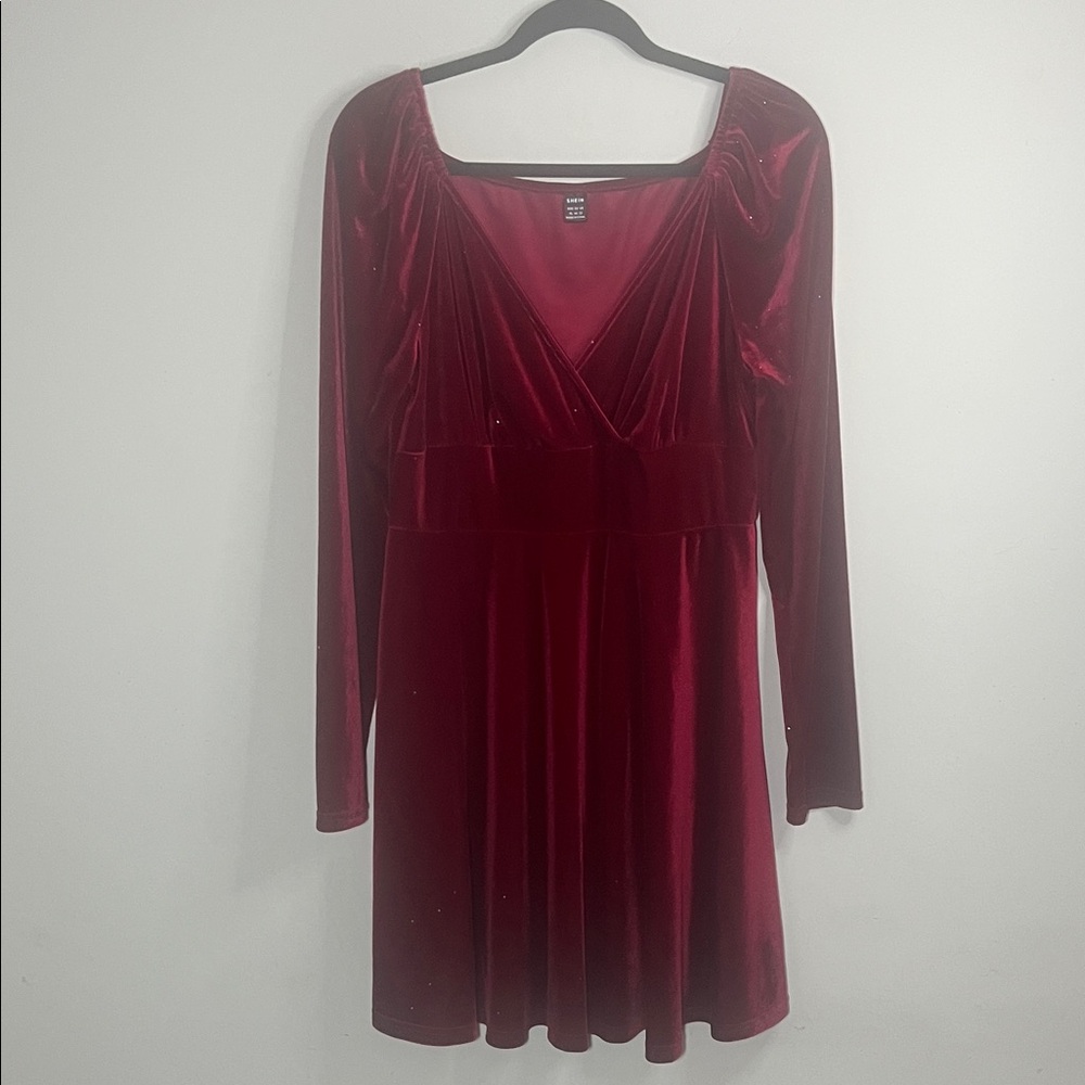 SHEIN Deep Red Velvet Long Sleeve Sparkly Holiday Party Dress